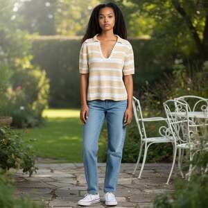 Striped Knit Top Deep V-Neck Lace Trim Khaki & White Size M